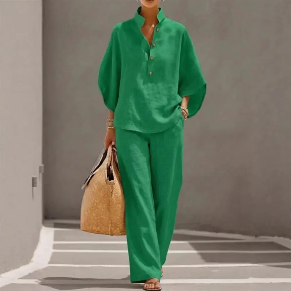 Conjunto de lino con mangas murciélago y pantalón ancho
