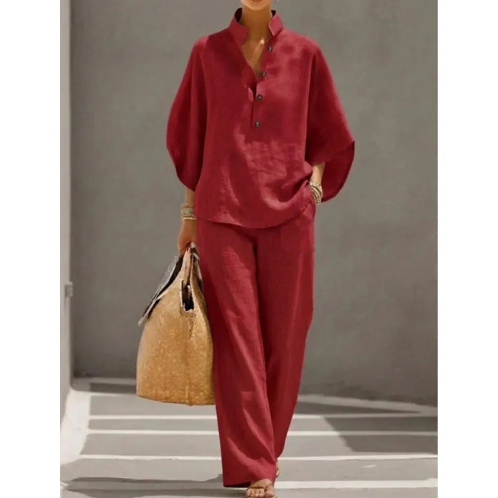 Conjunto de lino con mangas murciélago y pantalón ancho