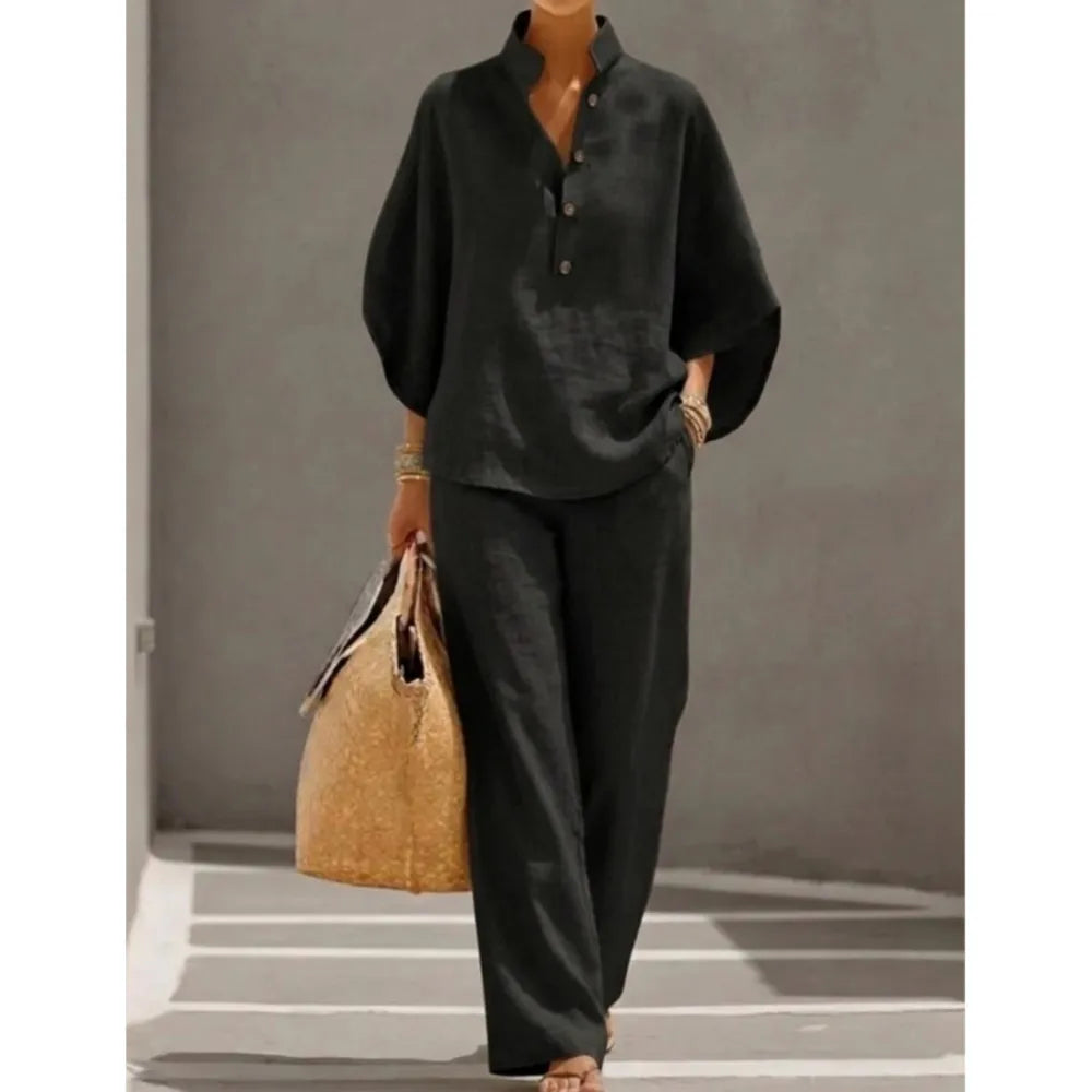 Conjunto de lino con mangas murciélago y pantalón ancho