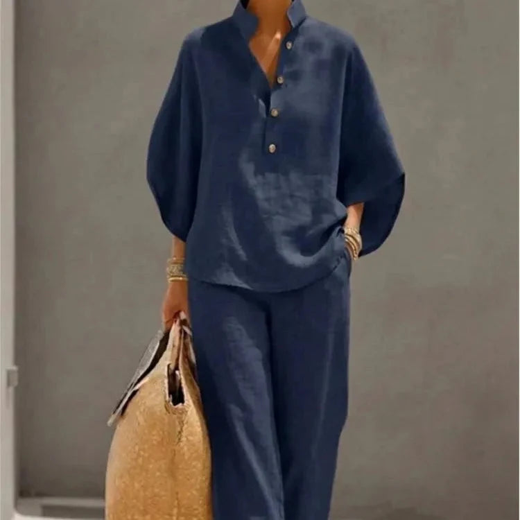 Conjunto de lino con mangas murciélago y pantalón ancho