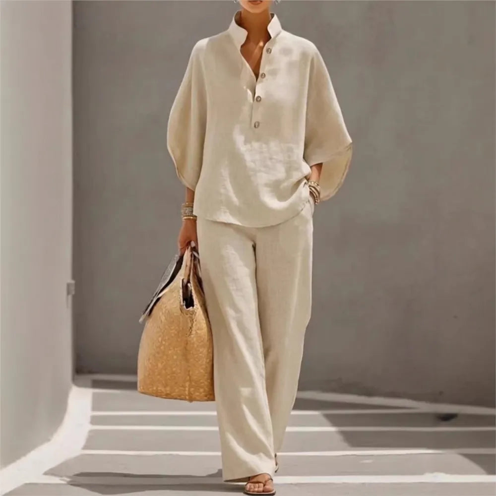 Conjunto de lino con mangas murciélago y pantalón ancho