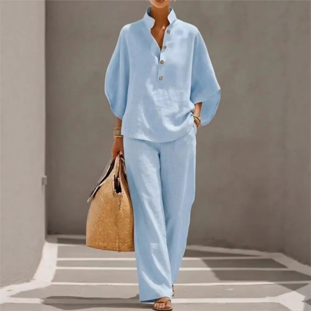 Conjunto de lino con mangas murciélago y pantalón ancho