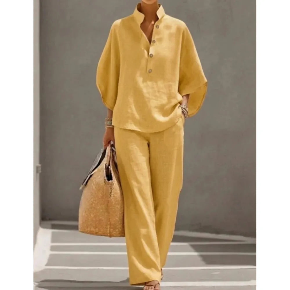 Conjunto de lino con mangas murciélago y pantalón ancho