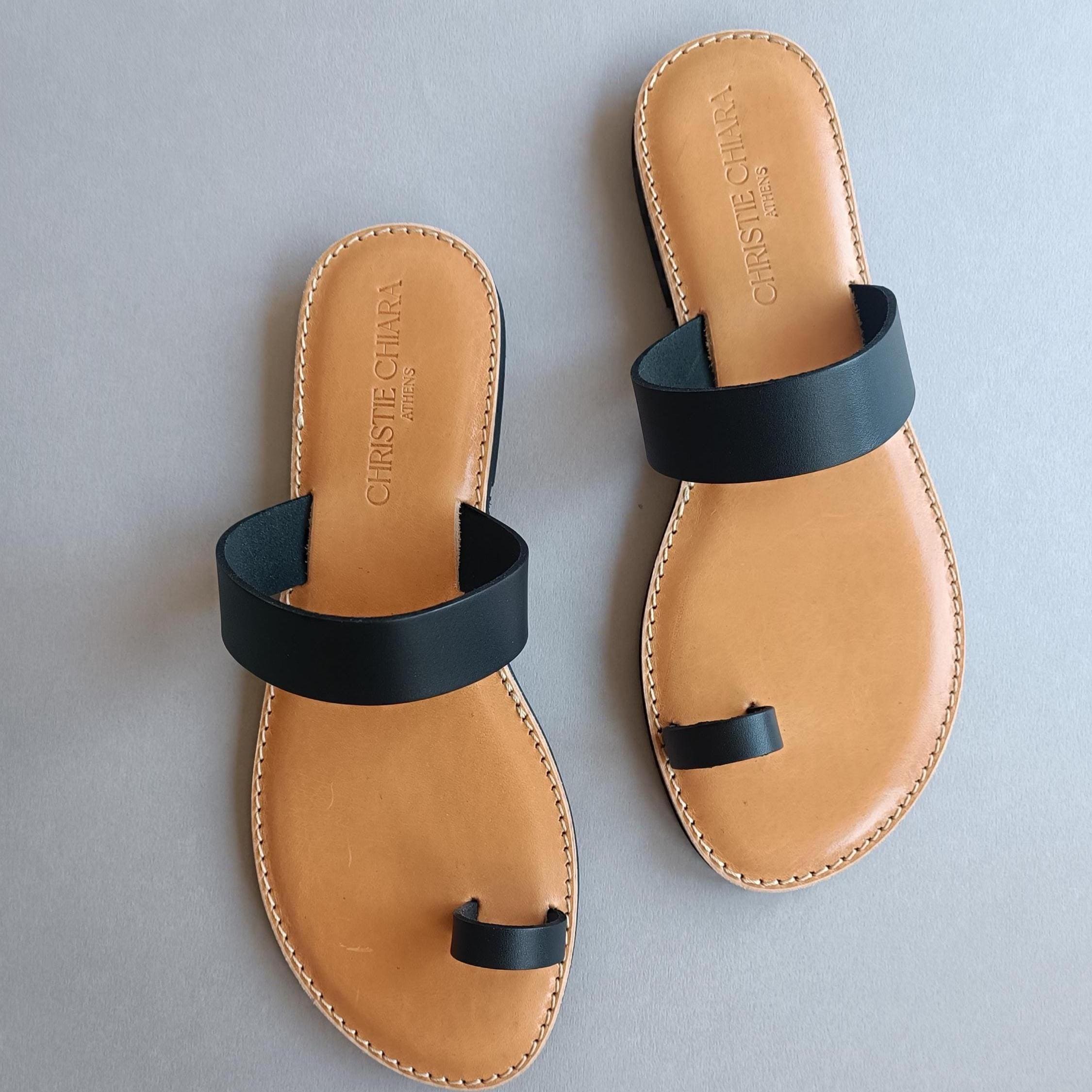 Sandalias con anillo para el dedo del pie, sandalias planas hechas a mano.