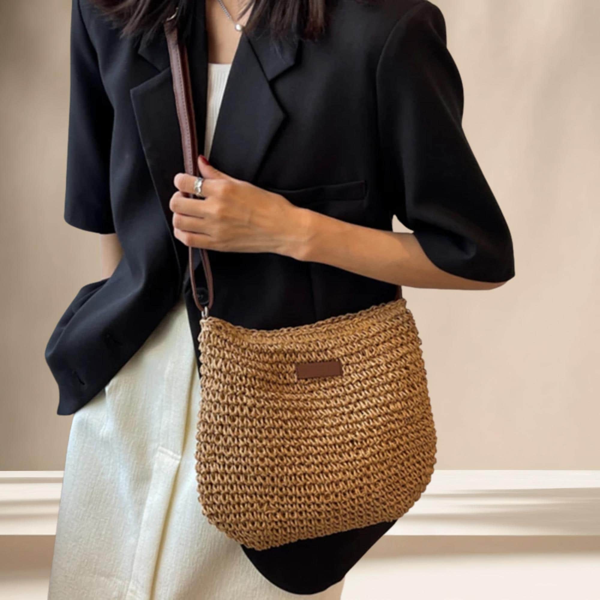 Bolso bandolera de paja tejida, bohemio.