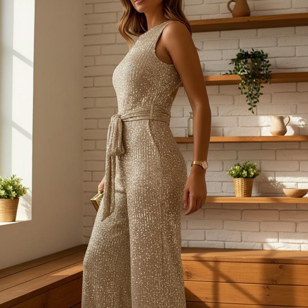 Elegante vestido de noche color oro claro con tejido metálico  para bodas y eventos de gala.
