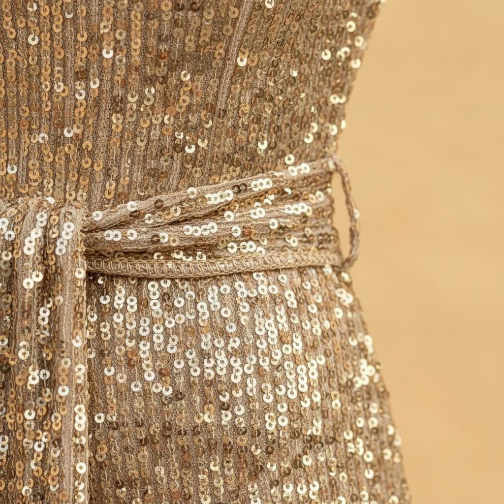 Elegante vestido de noche color oro claro con tejido metálico  para bodas y eventos de gala.