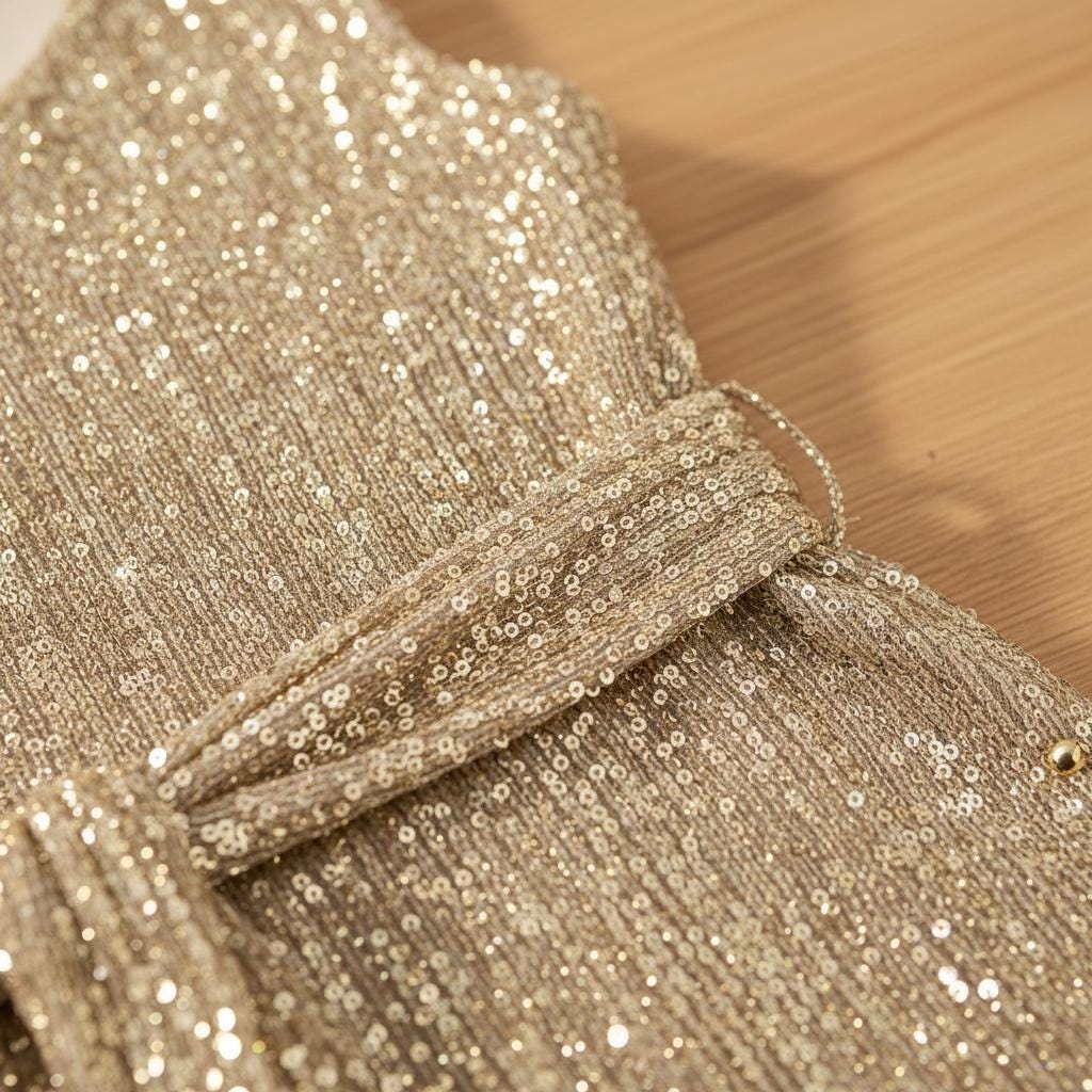 Elegante vestido de noche color oro claro con tejido metálico  para bodas y eventos de gala.