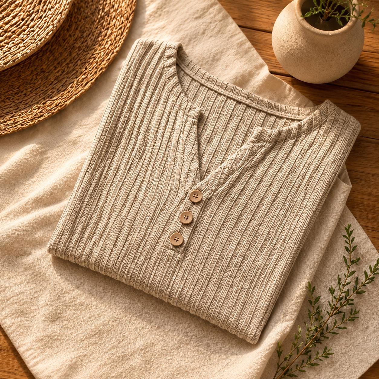 Top beige de mujer con cuello en V y botones.