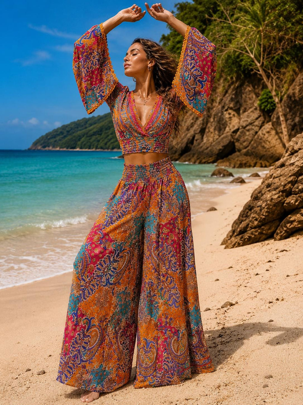 Conjunto bohemio de pantalón ancho y top corto