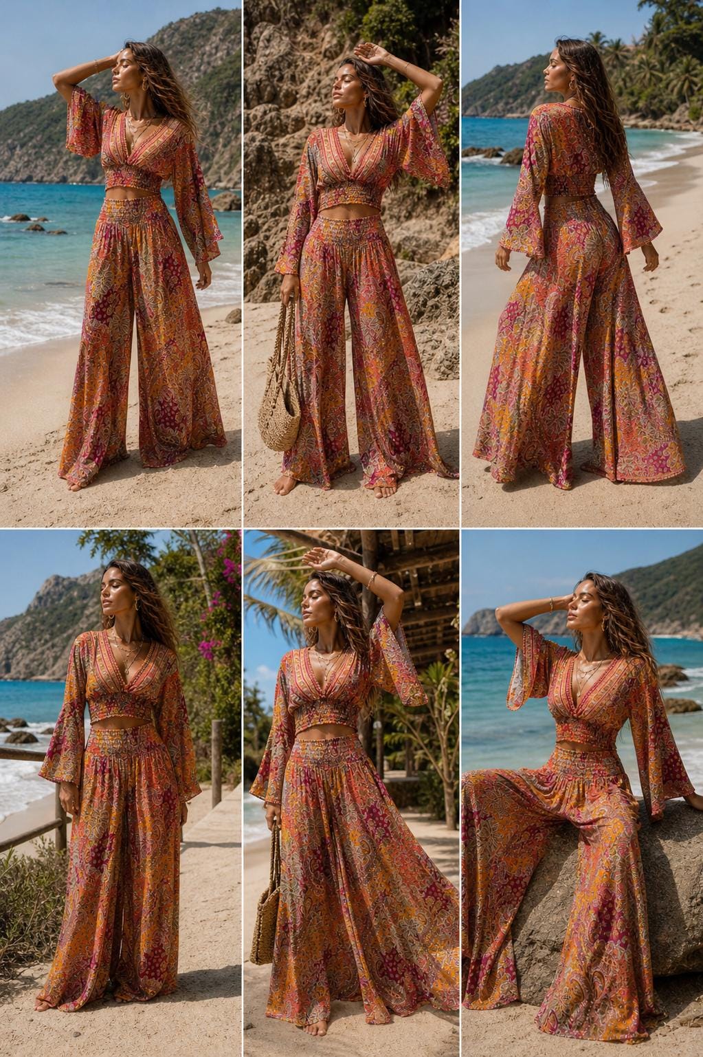 Conjunto bohemio de pantalón ancho y top corto