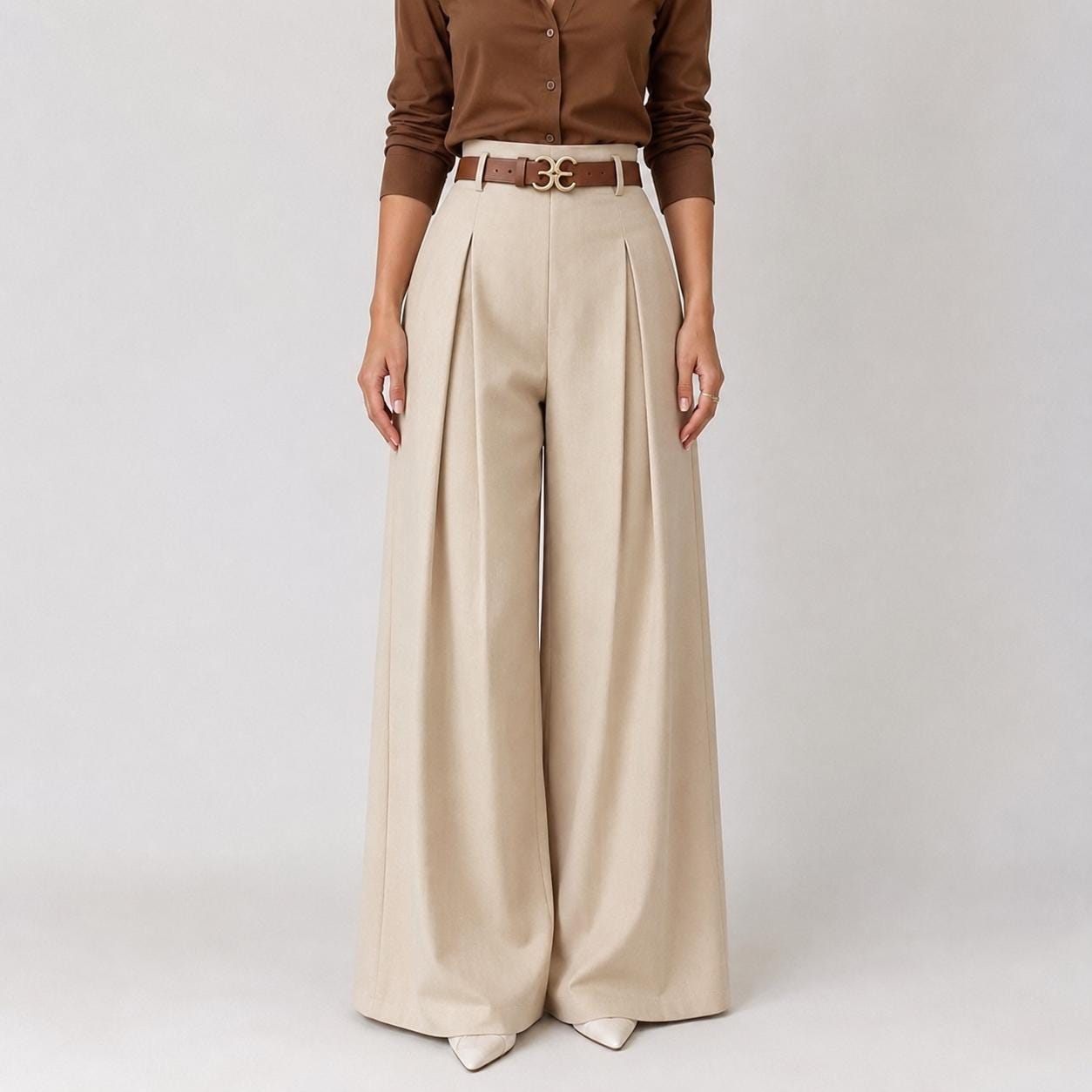 Pantalones de talle alto y pierna ancha con cintura elástica plisada.