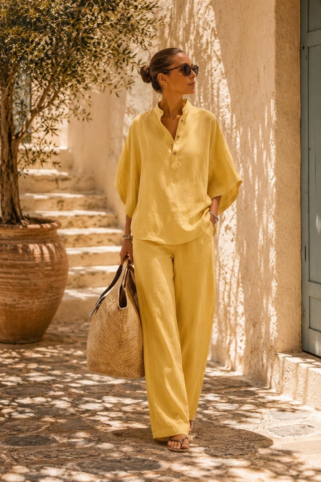 Conjunto de dos piezas de lino y algodón para mujer.