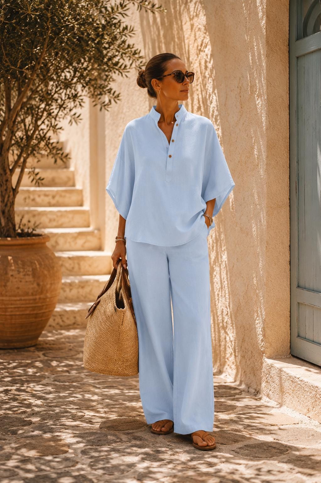 Conjunto de dos piezas de lino y algodón para mujer.