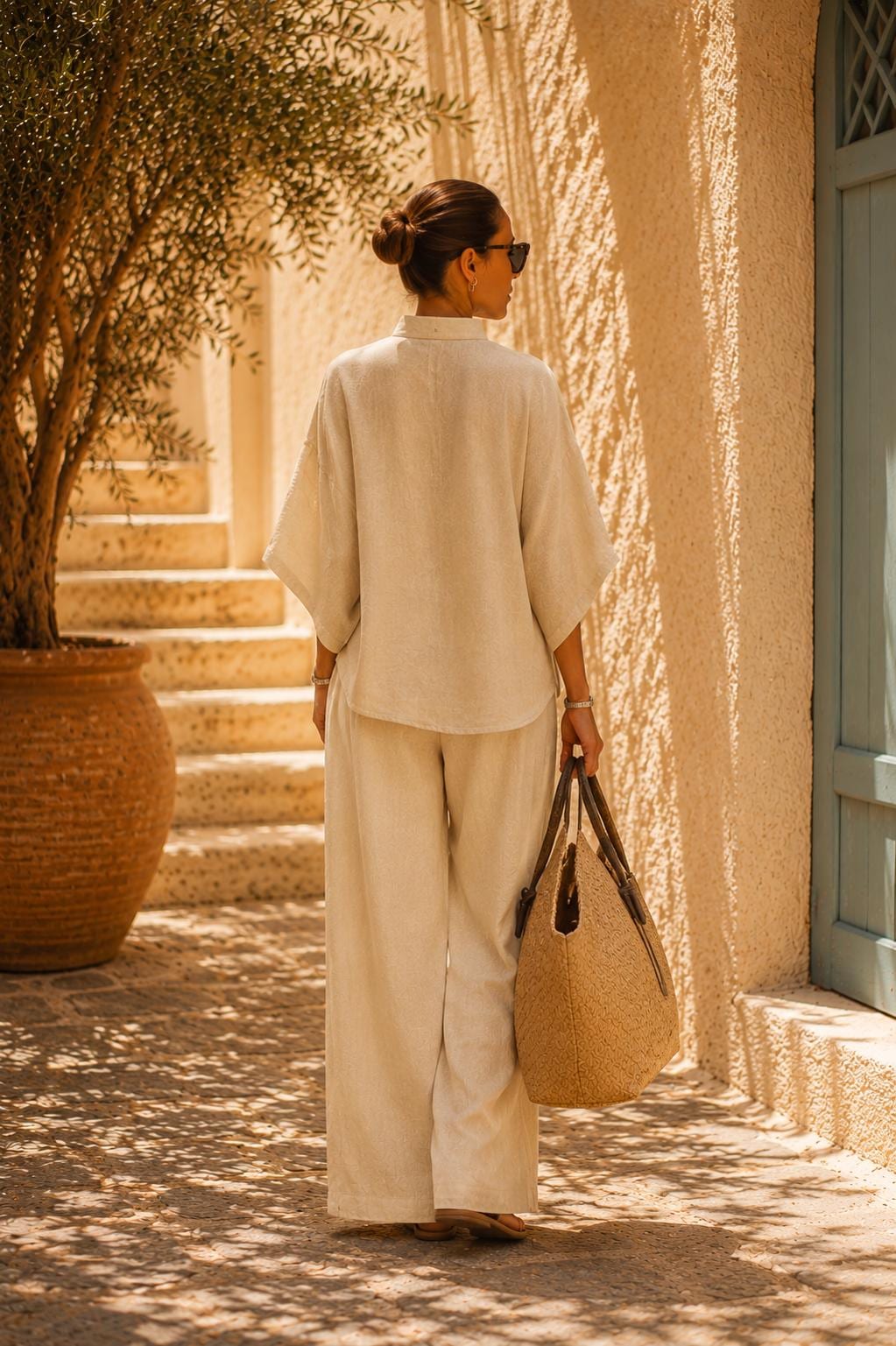 Conjunto de dos piezas de lino y algodón para mujer.