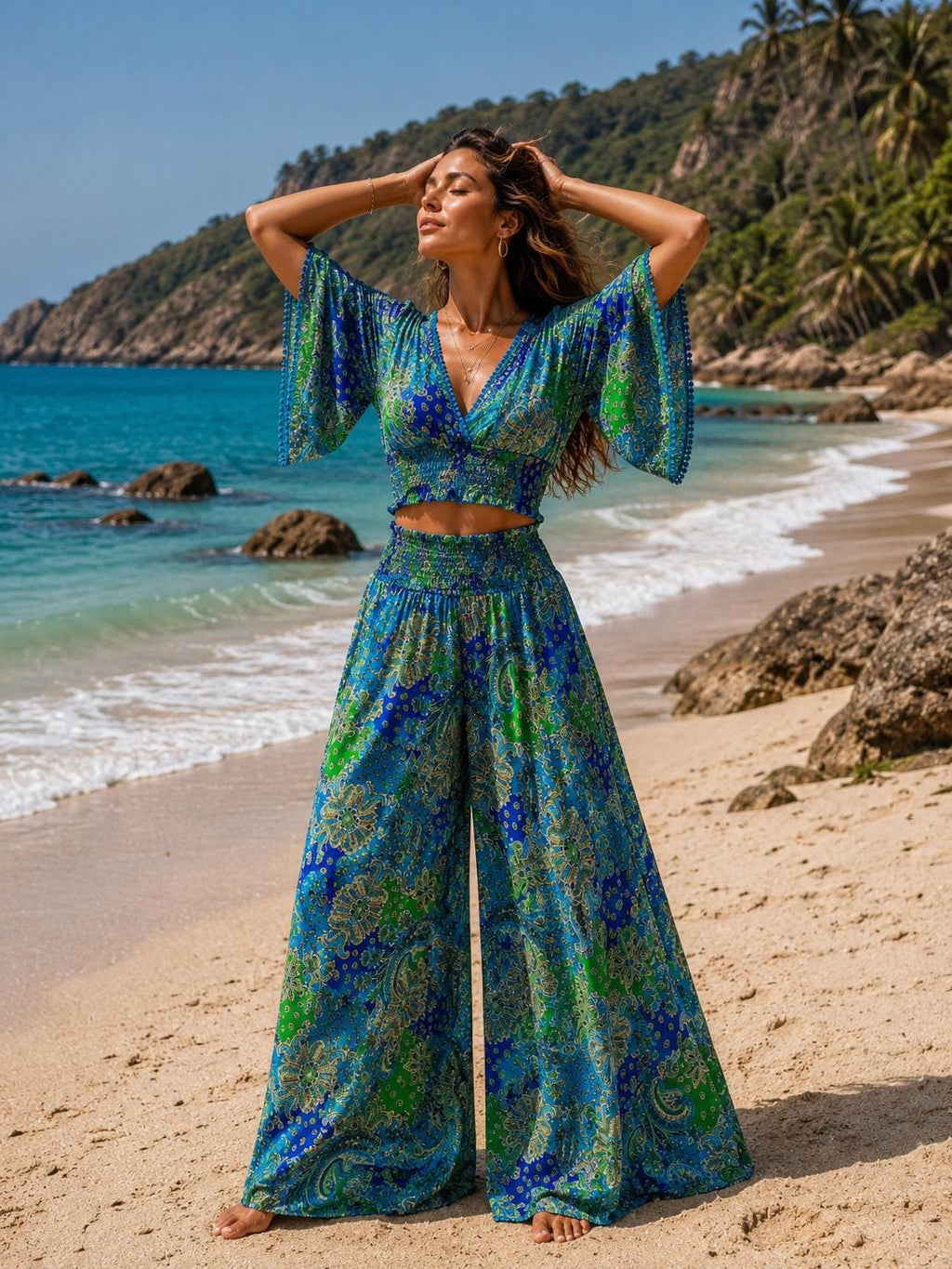 Conjunto bohemio de pantalón ancho y top corto