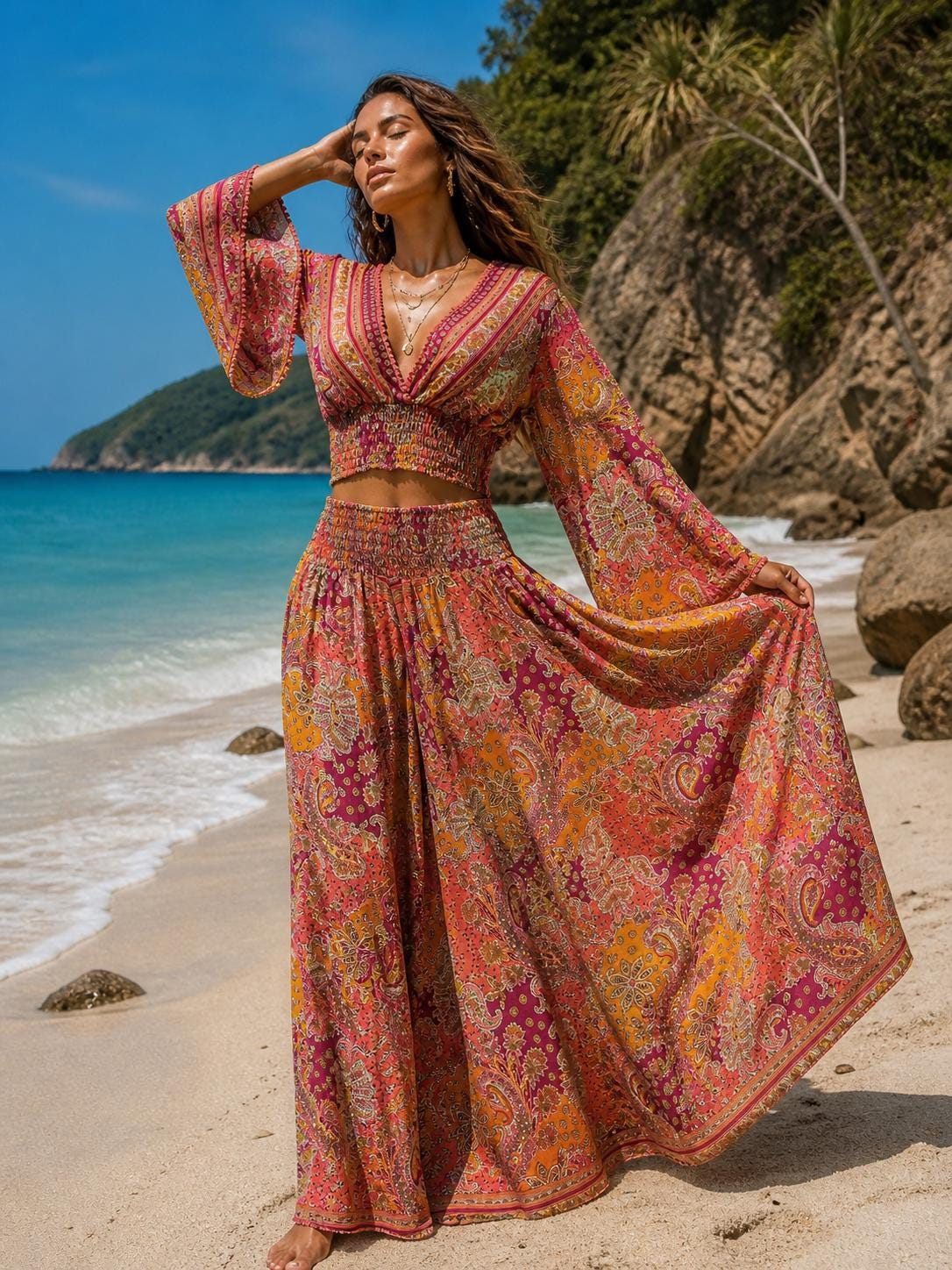Conjunto bohemio de pantalón ancho y top corto