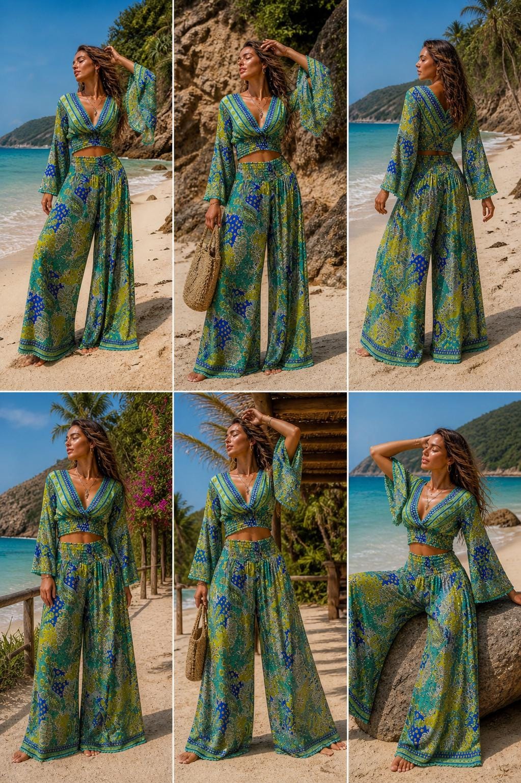 Conjunto bohemio de pantalón ancho y top corto