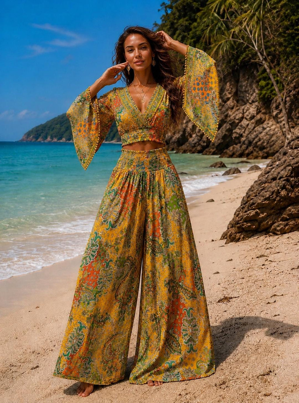 Conjunto bohemio de pantalón ancho y top corto