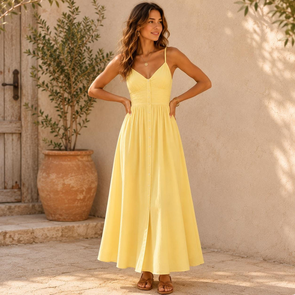 Vestido midi amarillo con aspecto de lino