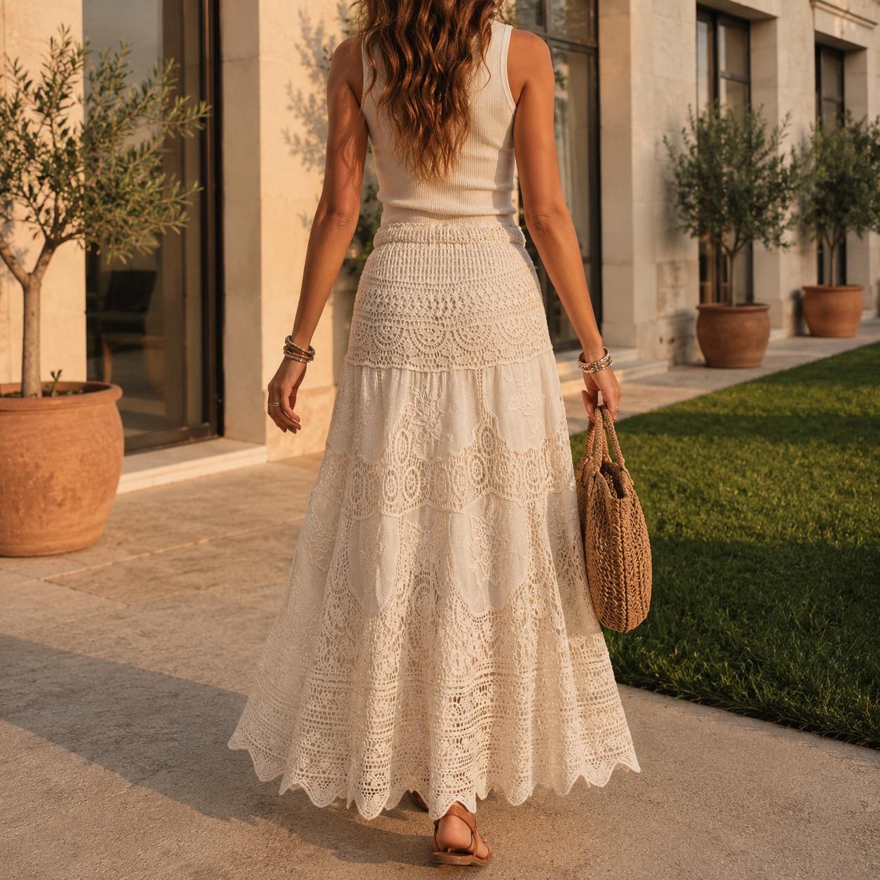 Falda larga boho de encaje para mujer.