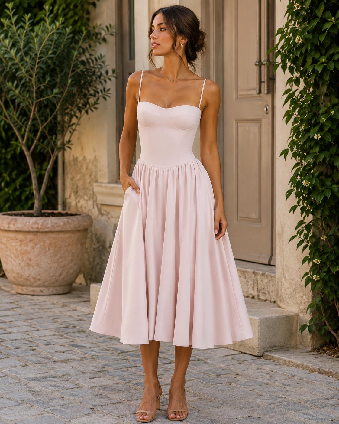 Vestido midi vintage con corsé.