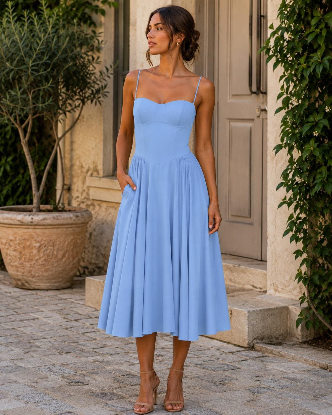 Vestido midi vintage con corsé.
