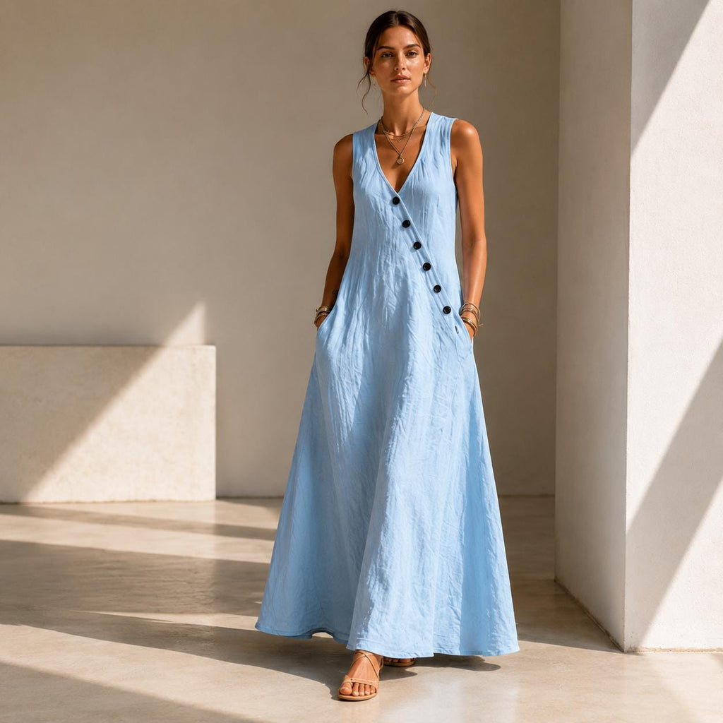 Vestido largo de lino y algodón para mujer