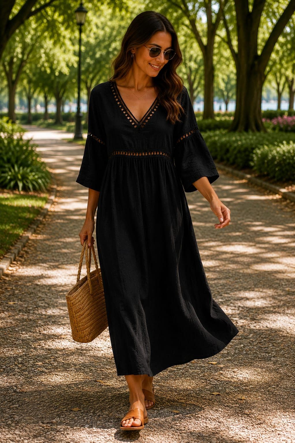 Vestido midi bohemio de lino con escote en V.
