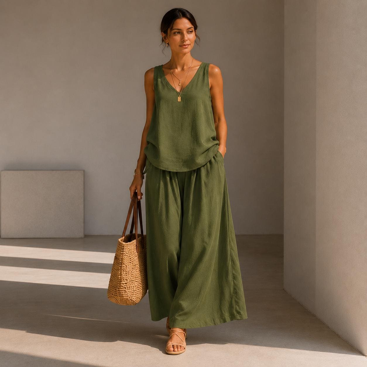Conjunto de dos piezas chaleco sin mangas y pantalón de pierna ancha