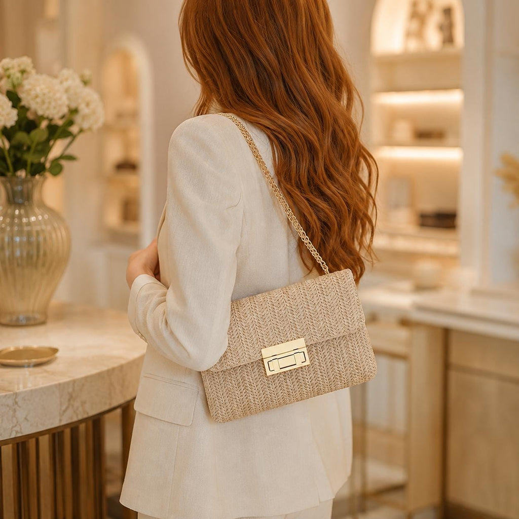 Bolso de hombro tejido cruzado estilo Boho con cadena.