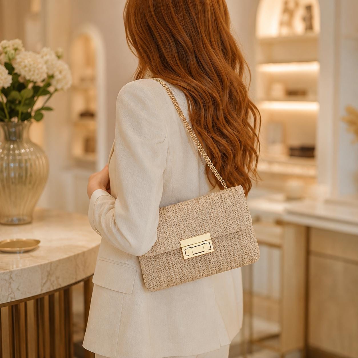 Bolso de hombro tejido cruzado estilo Boho con cadena.