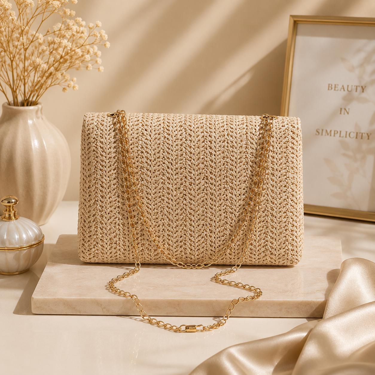 Bolso de hombro tejido cruzado estilo Boho con cadena.