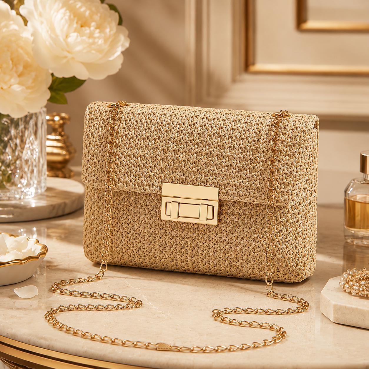 Bolso de hombro tejido cruzado estilo Boho con cadena.