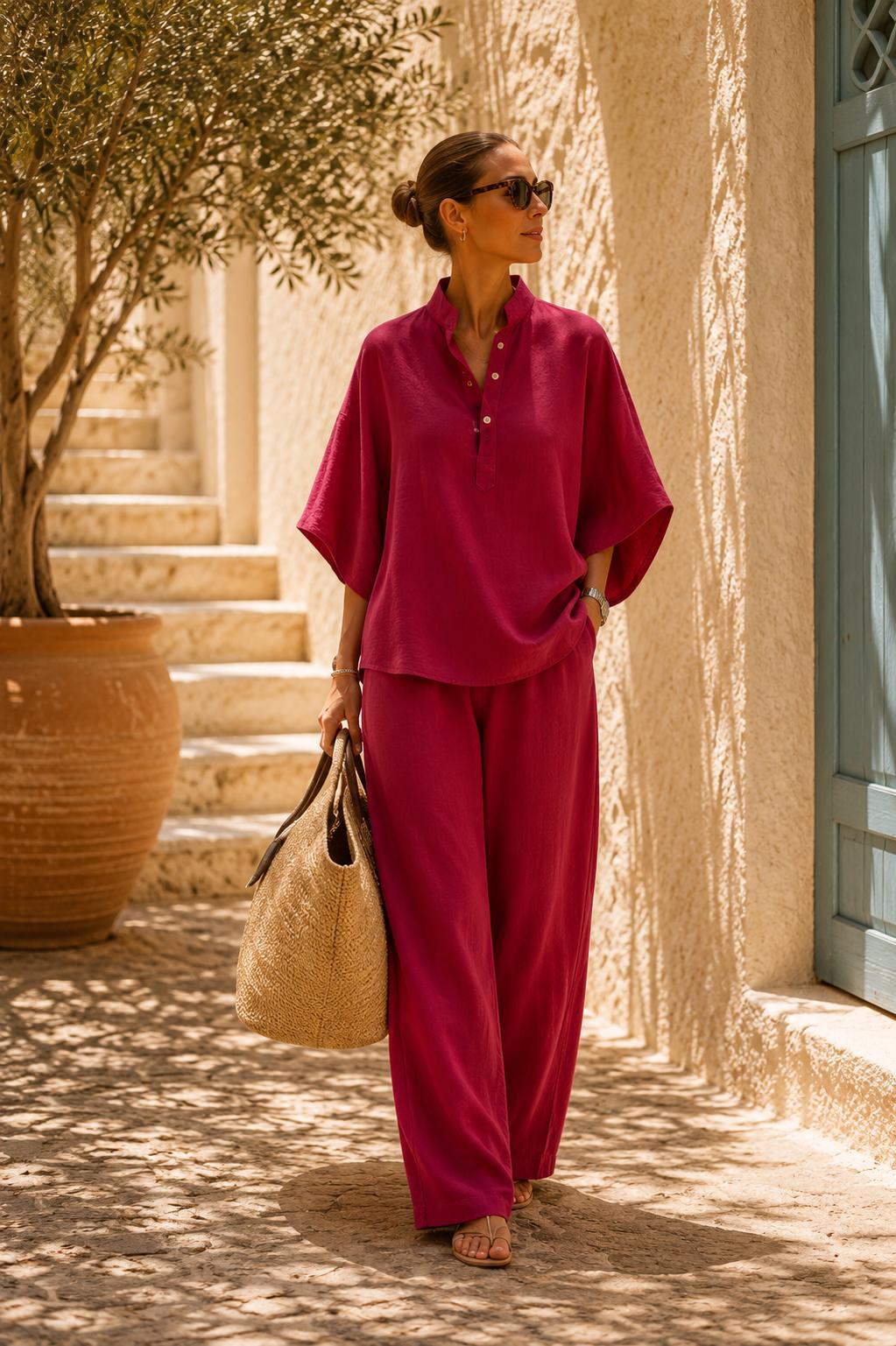 Conjunto de dos piezas de lino y algodón para mujer.