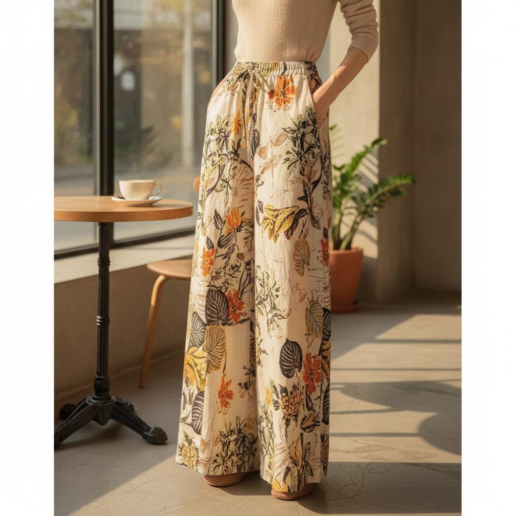 Pantalones anchos con estampado floral con tejido ligero