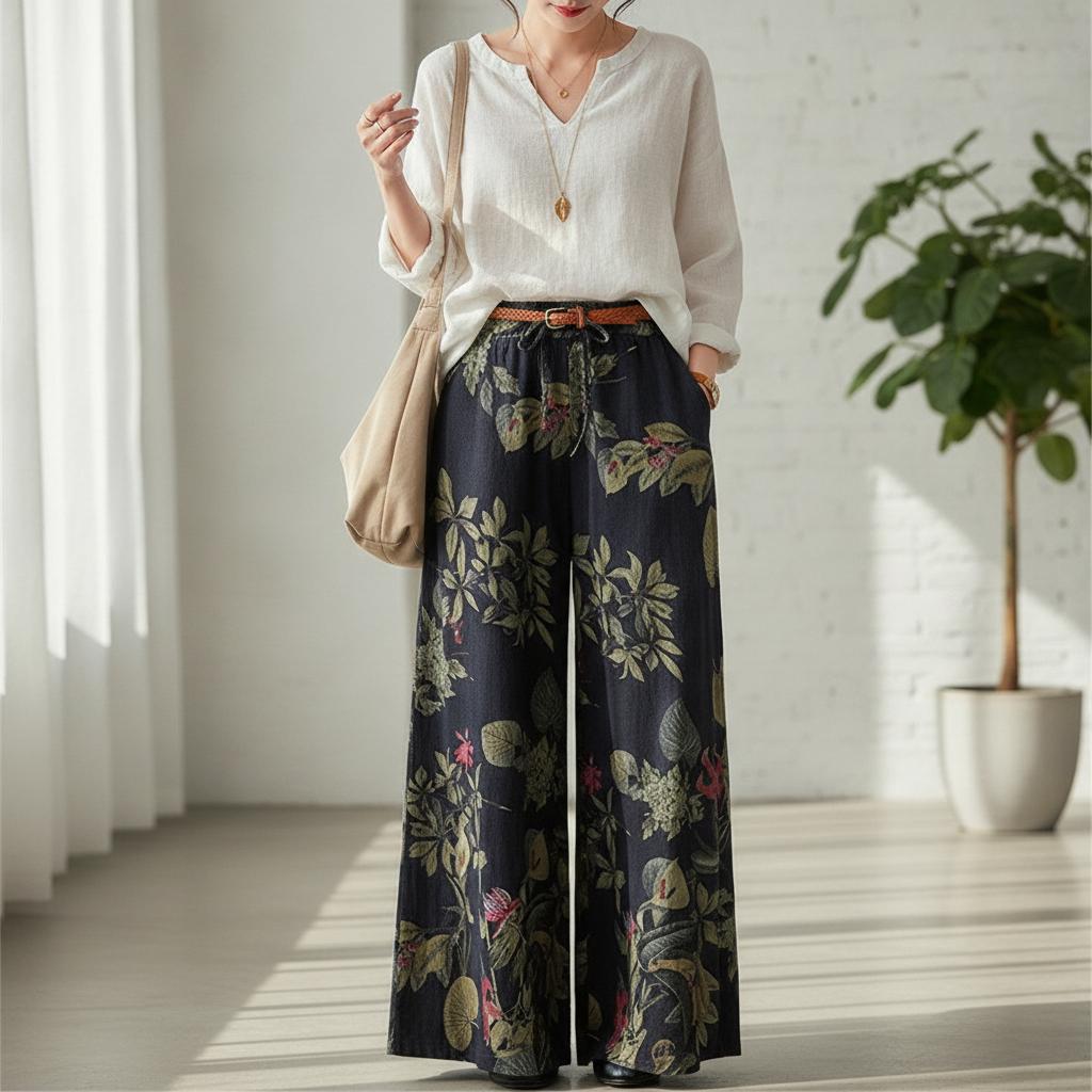 Pantalones anchos con estampado floral con tejido ligero