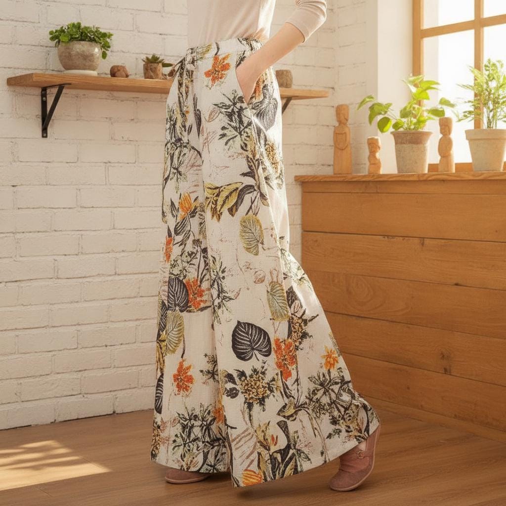 Pantalones anchos con estampado floral con tejido ligero