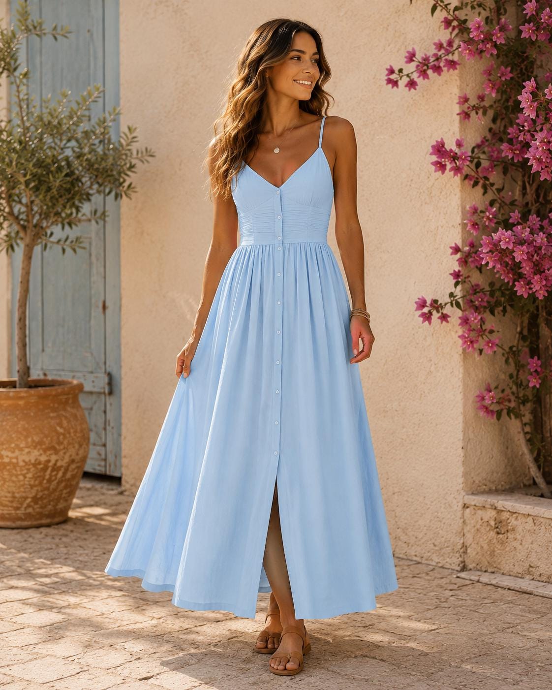 Vestido midi amarillo con aspecto de lino