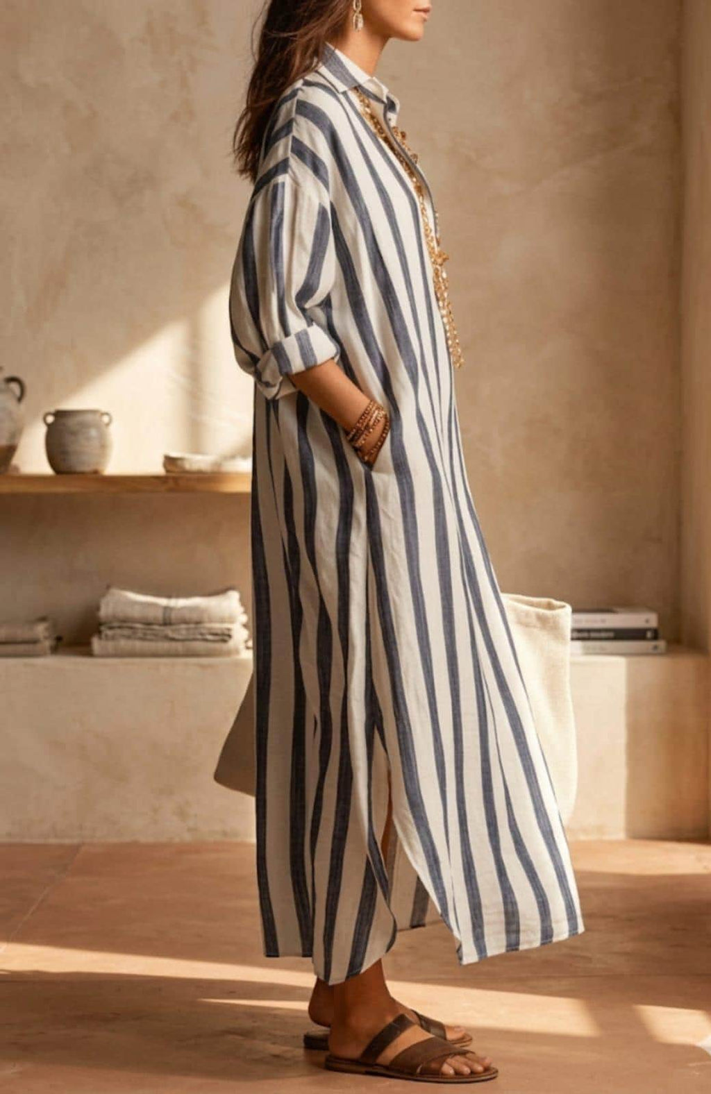 Vestido camisero largo a rayas, caftán bohemio extragrande, pareo de verano para la playa.
