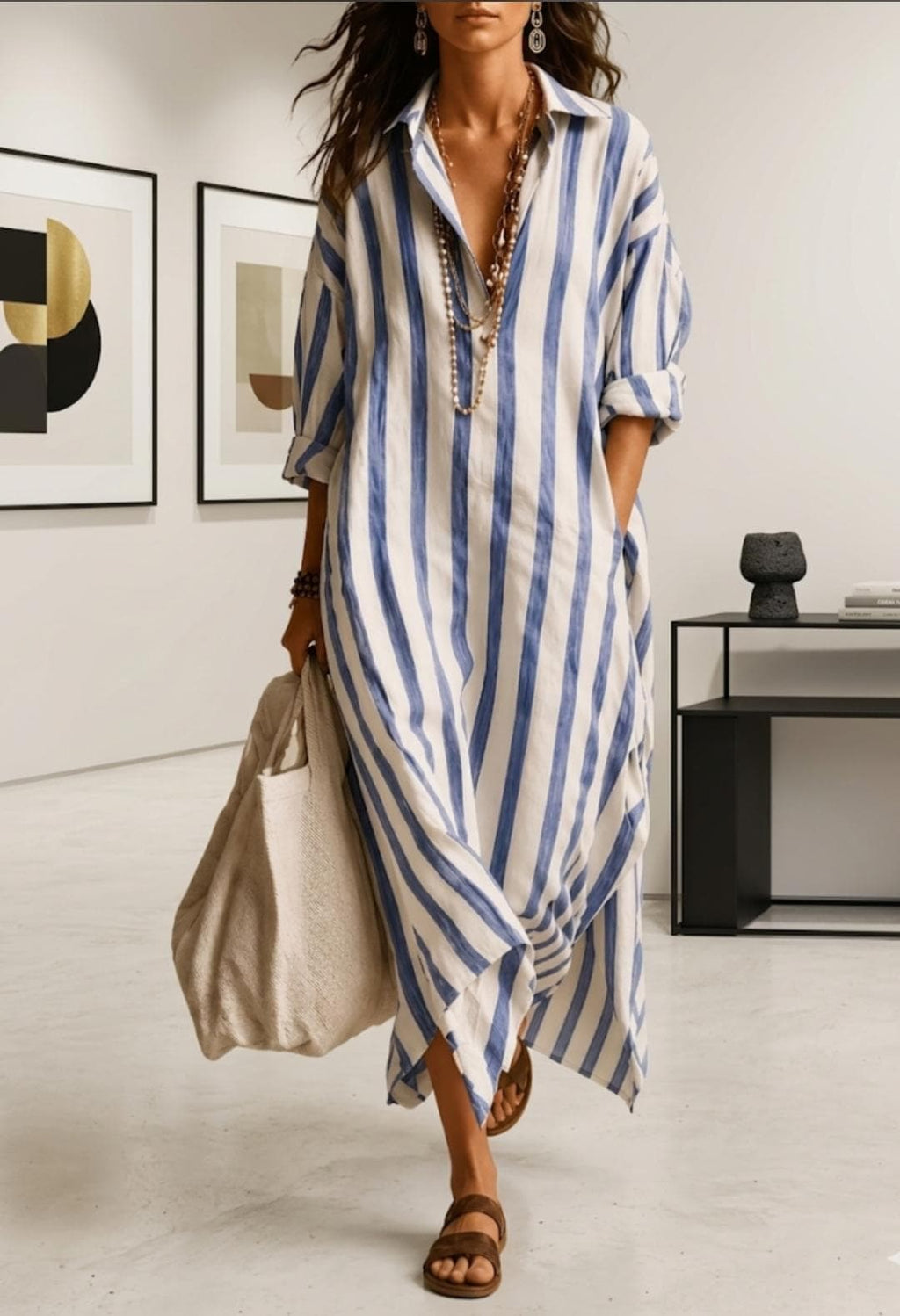 Vestido camisero largo a rayas, caftán bohemio extragrande, pareo de verano para la playa.