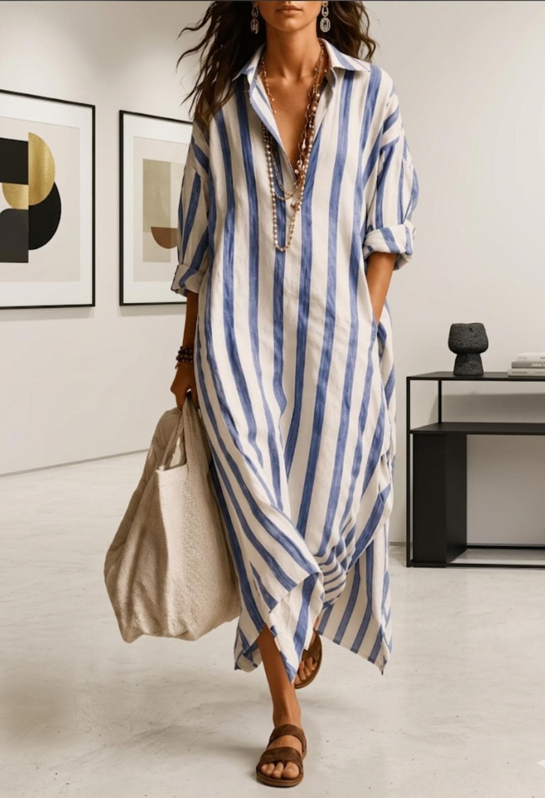Vestido camisero largo a rayas, caftán bohemio extragrande, pareo de verano para la playa.