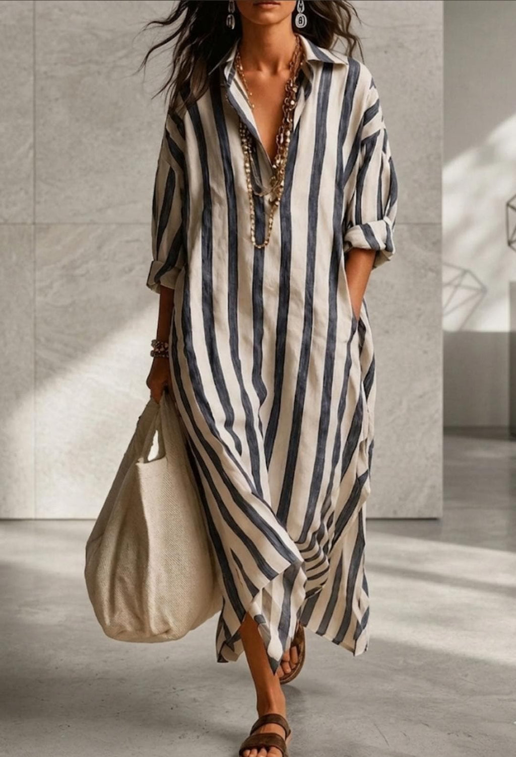 Vestido camisero largo a rayas, caftán bohemio extragrande, pareo de verano para la playa.