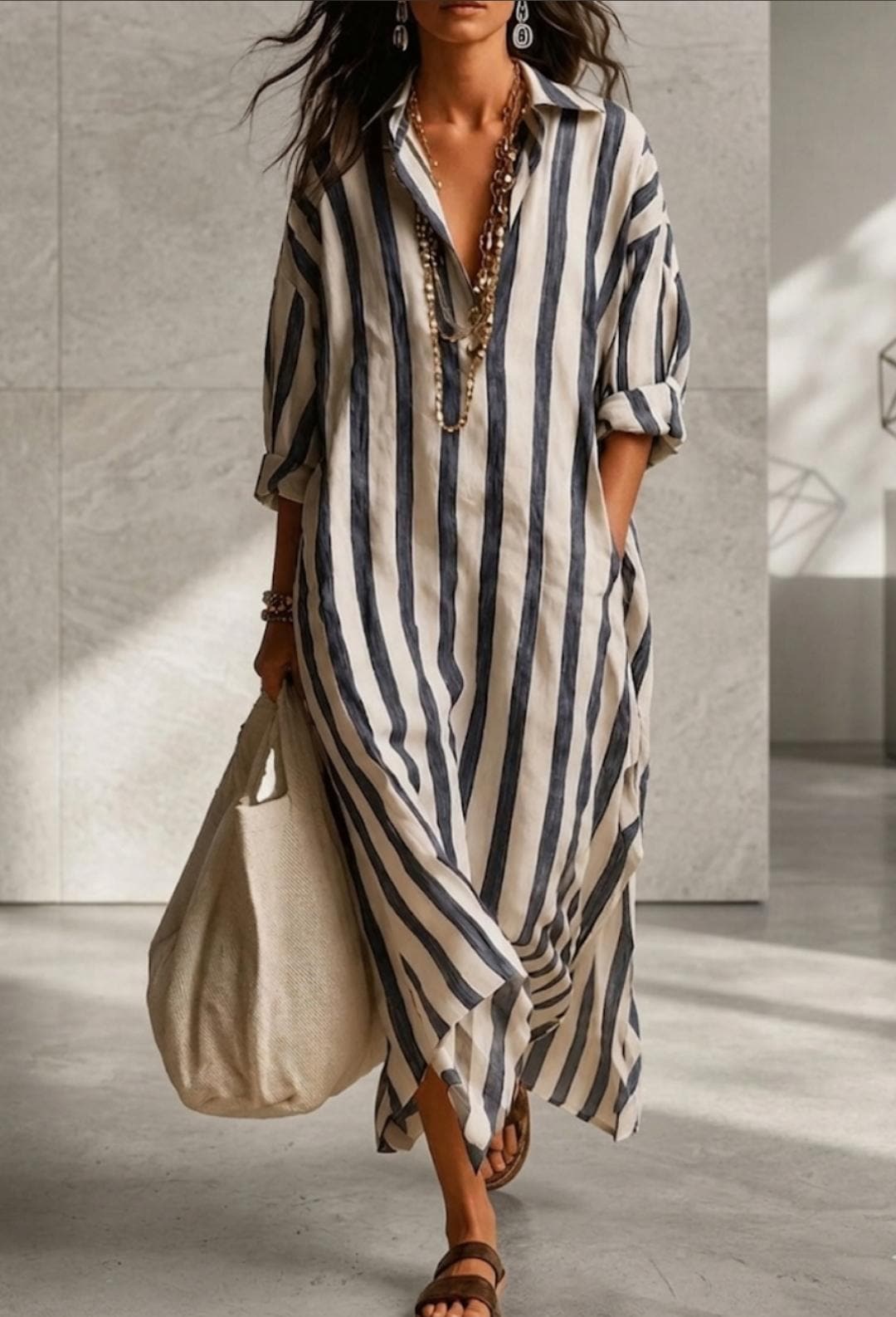 Vestido camisero largo a rayas, caftán bohemio extragrande, pareo de verano para la playa.