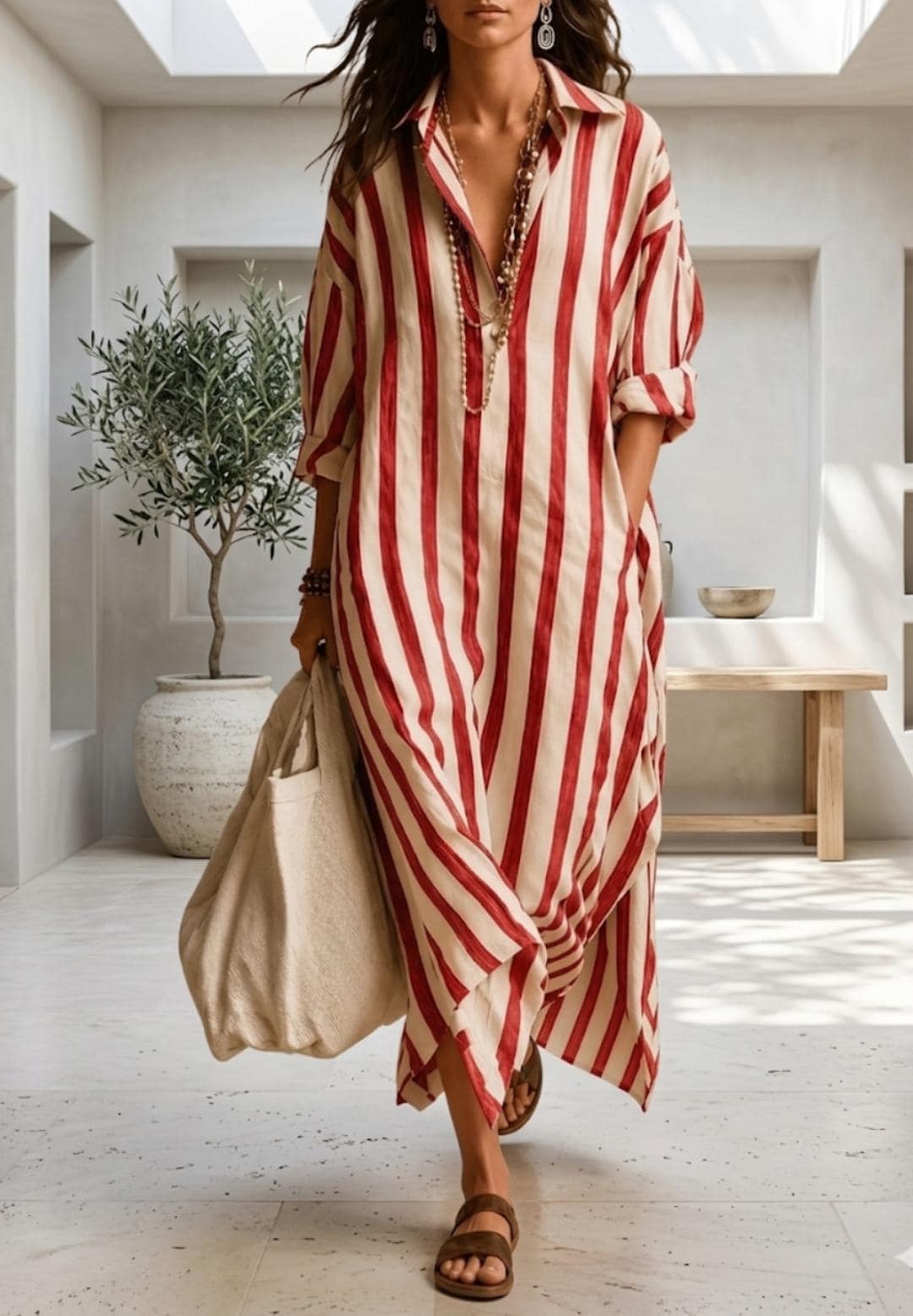 Vestido camisero largo a rayas, caftán bohemio extragrande, pareo de verano para la playa.