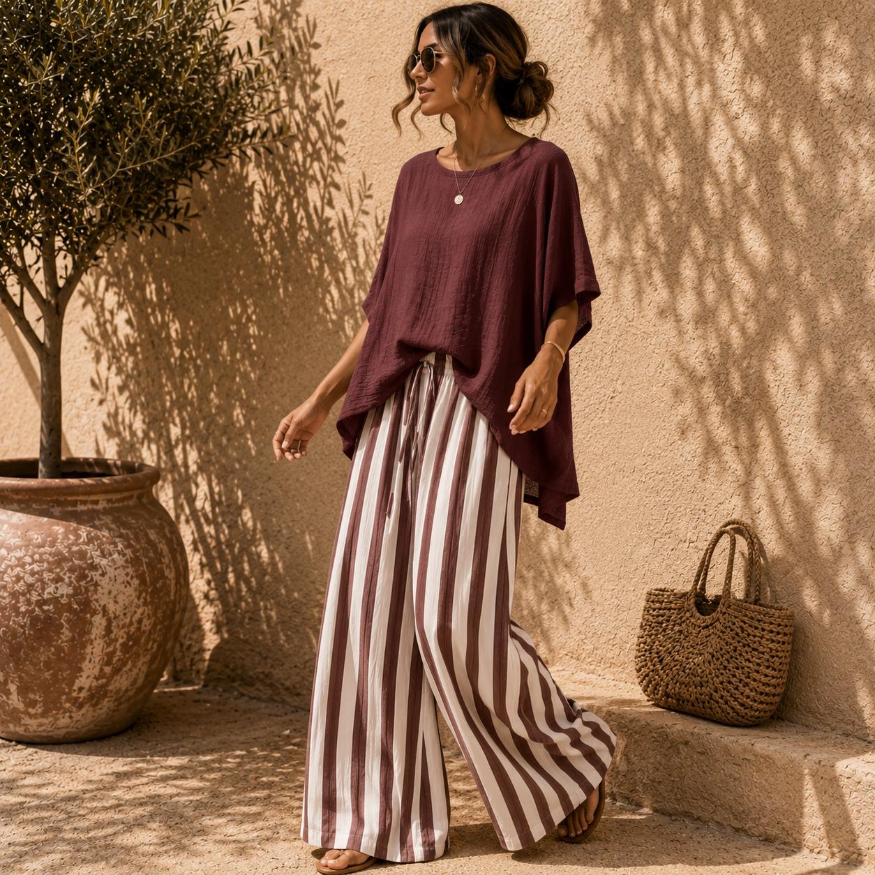 Conjunto de pantalón ancho a rayas y top de manga murciélago