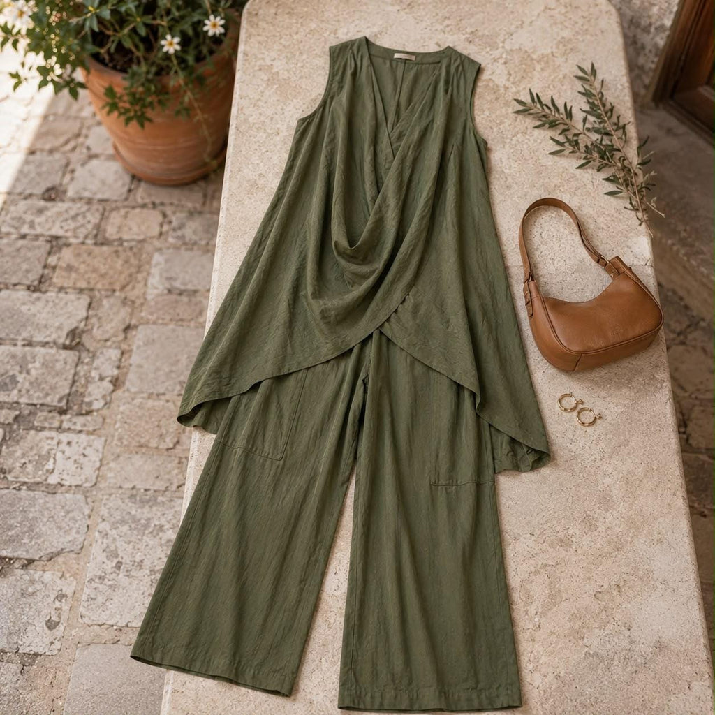 Conjunto de dos piezas con túnica drapeada y pantalones de pierna ancha