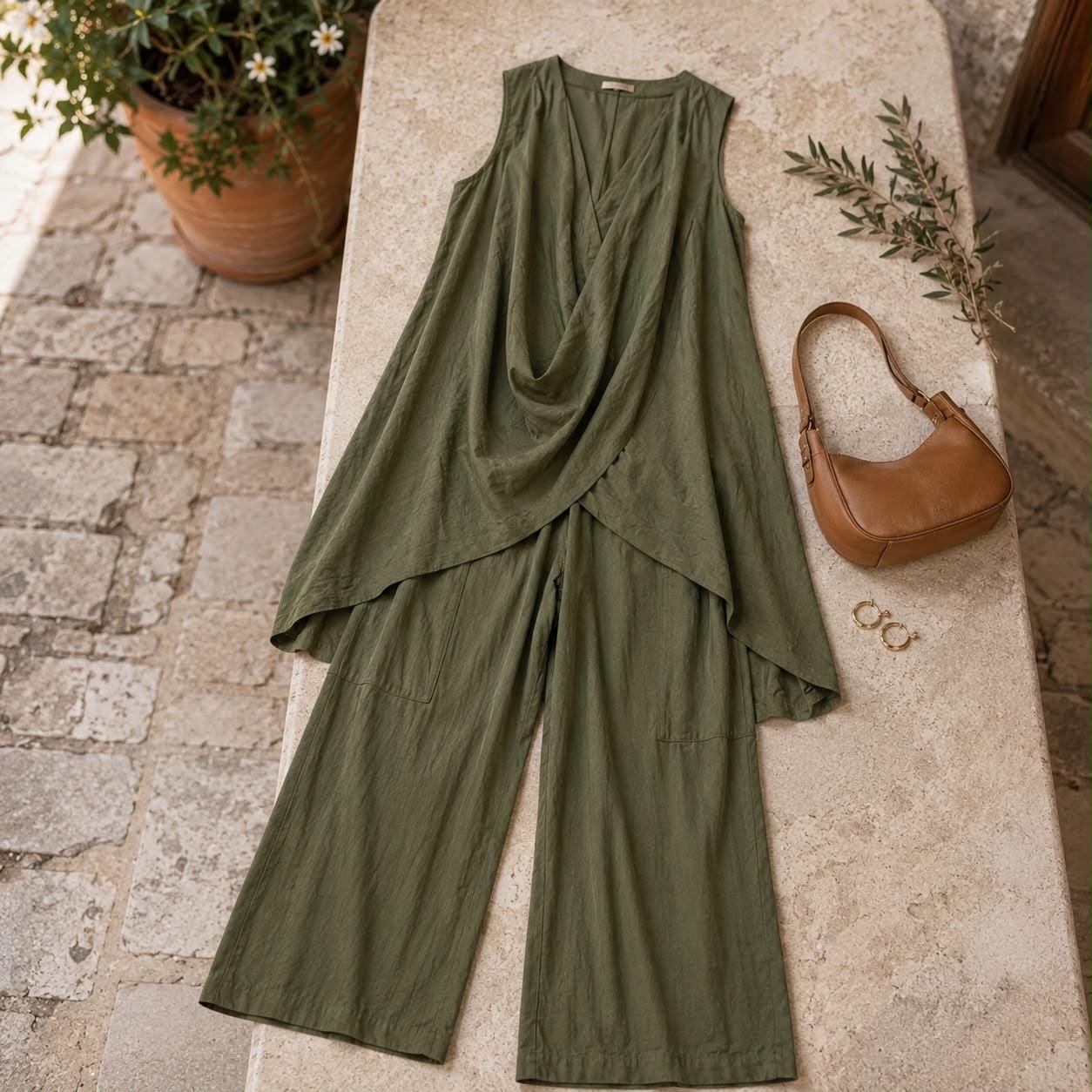 Conjunto de dos piezas con túnica drapeada y pantalones de pierna ancha