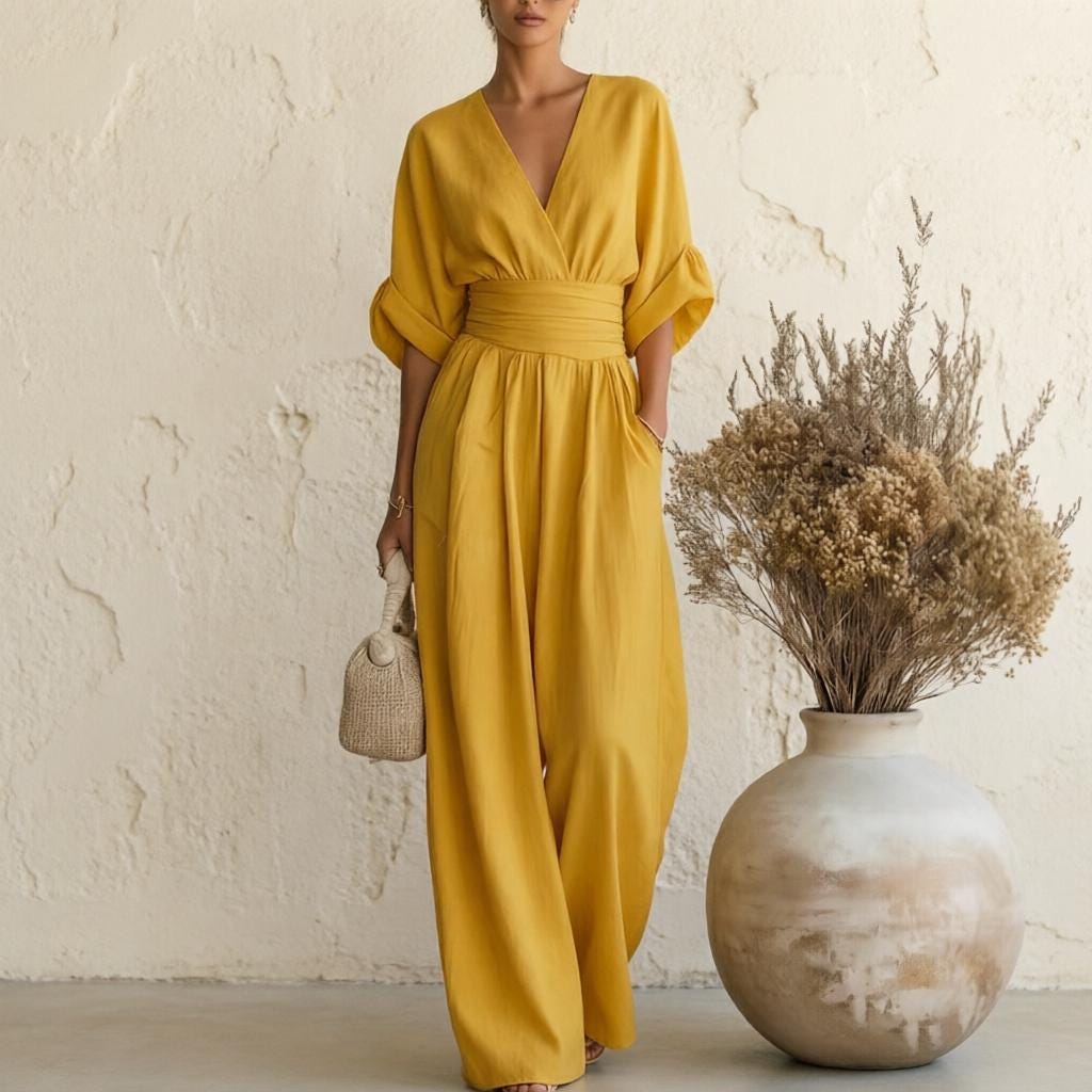 Mono de mujer estilo boho chic de pierna ancha con escote en V.
