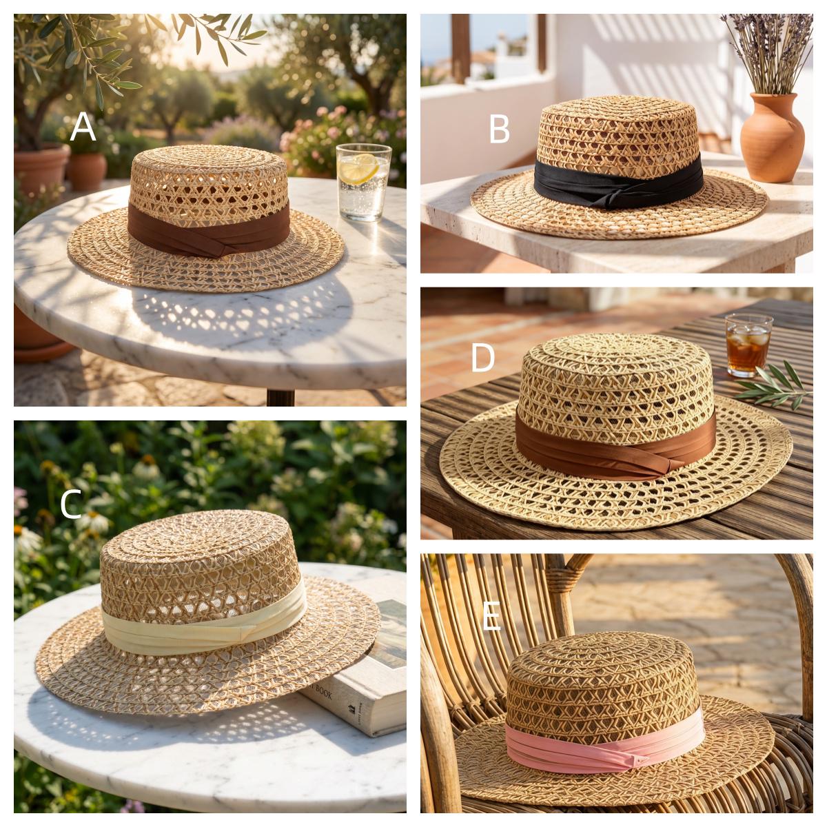 Sombrero de paja estilo canotier francés para mujer.